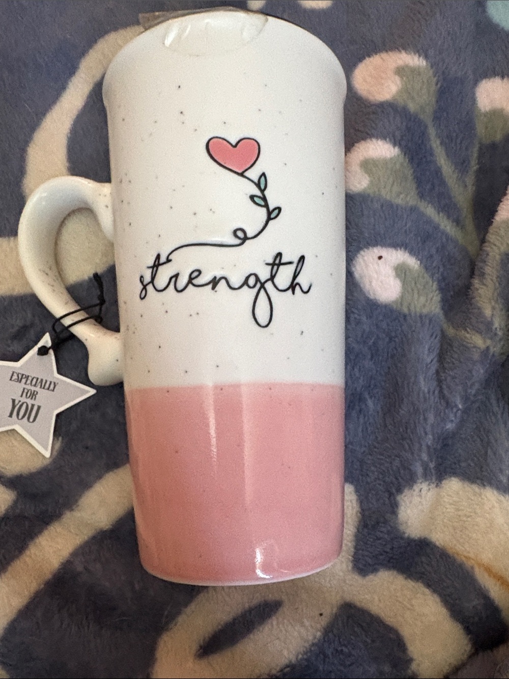 Strength Pink & White Ceramic Travel Mug - Inspirational Heart Design great gift